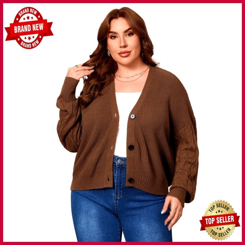 Plus Size Cropped Cardigan Sweater Long Sleeve Button Front Fall Casual